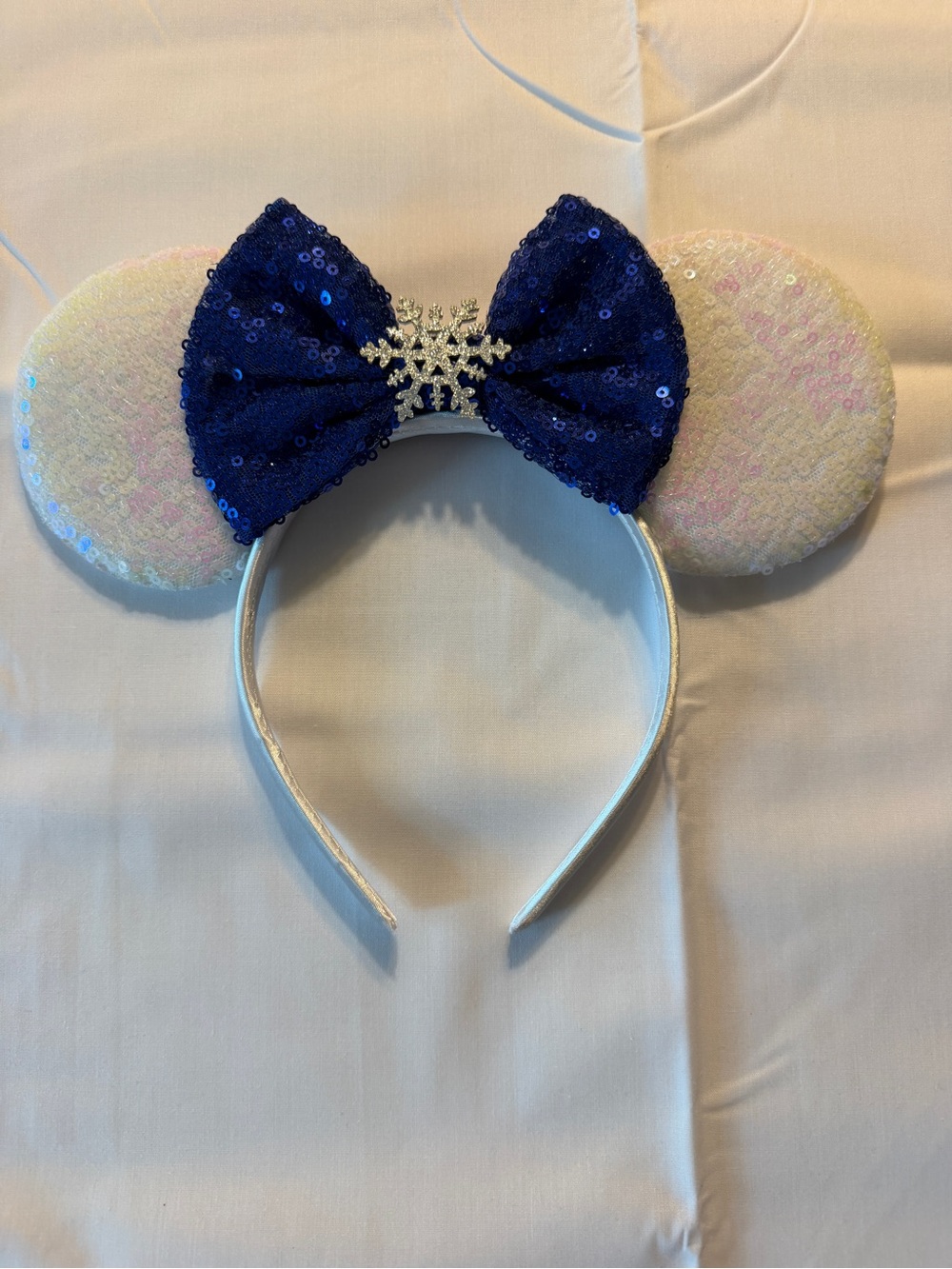 Sequin Ear Headband with Blue Bow and Snowflake Accent